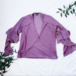 Express Purple Silk-Like Blouse V-Neck Top Faux Ballet Wrap Ruffle Long Sleeve